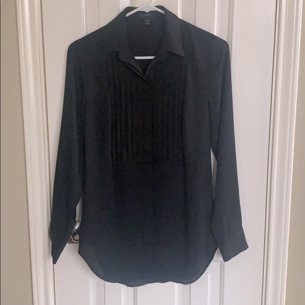 J. Crew Sheer Pleated front black blouse 00 XS S
